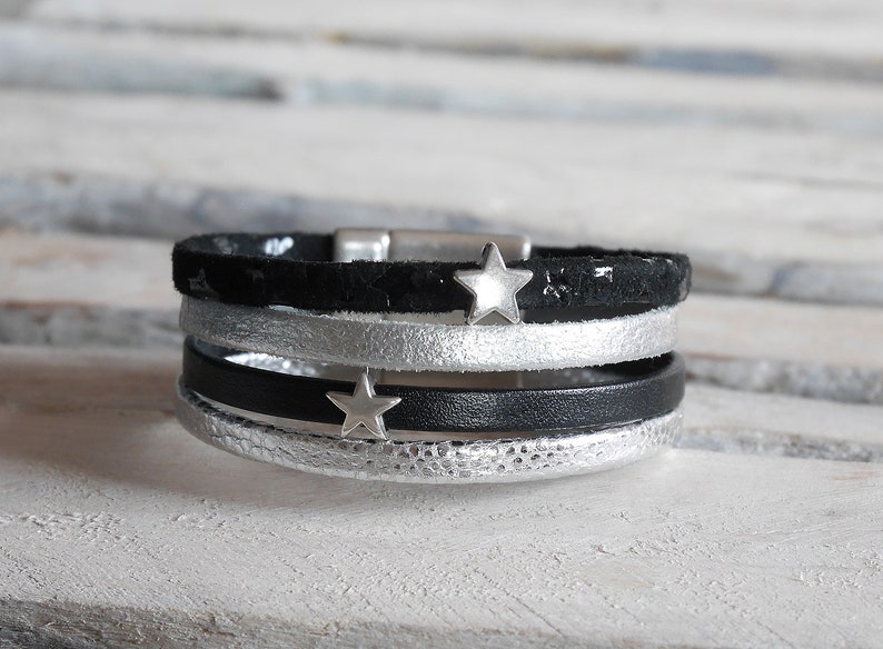 gift Christmas woman or girl Grey or black and silver leather Cuff Bracelet with Silver Star loops BR06