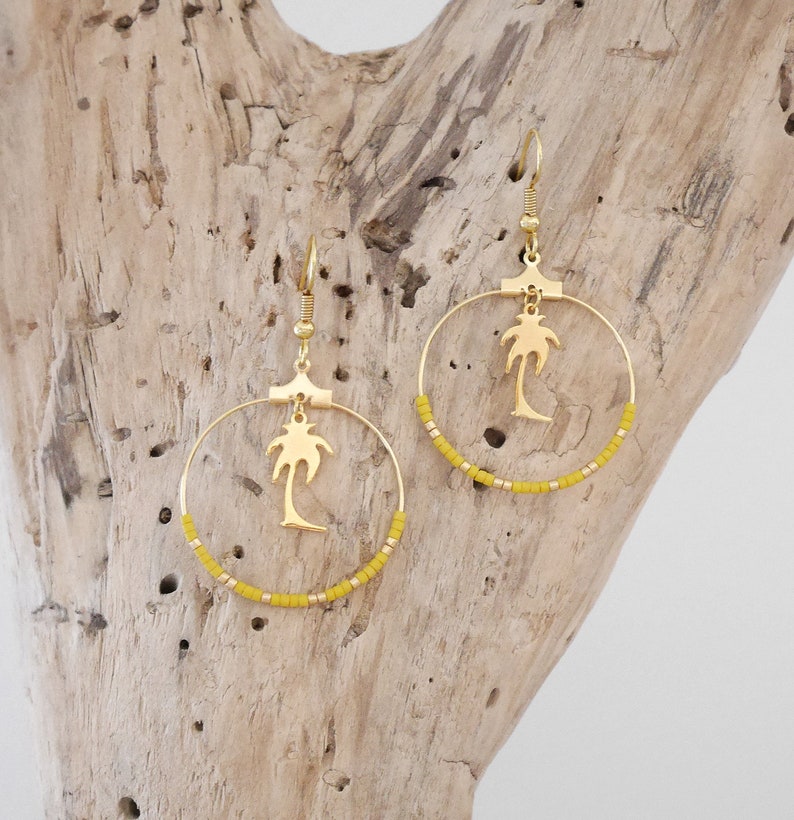 nude,.. yellow green charm Golden Palm Hoop earrings with seed beads Miyuki red turquoise BO143OR blue