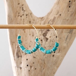 Creole earrings heishi duck blue and golden. Golden heishi creoles. (BO257canard)