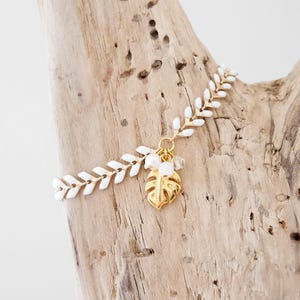 White enameled gold ear chain bracelet with philodendron leaf (BREP15white) Bridal/wedding bracelet. Christmas gift for woman or girl