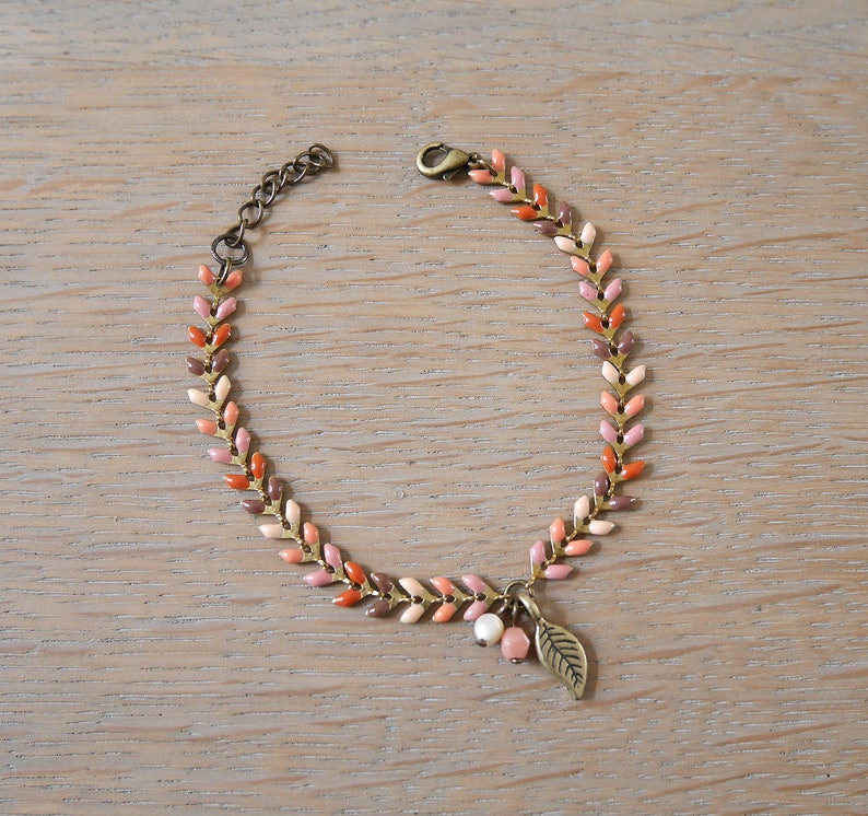 Multicolor beige BREP12 Brown coral and bronze with charm leaf bracelet chain ears. pink