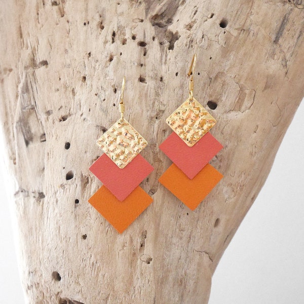 Boucles d'oreilles géométriques carré en cuir rose corail et orange  (BO231ORcorailorange) Cadeau Noël femme ou fille