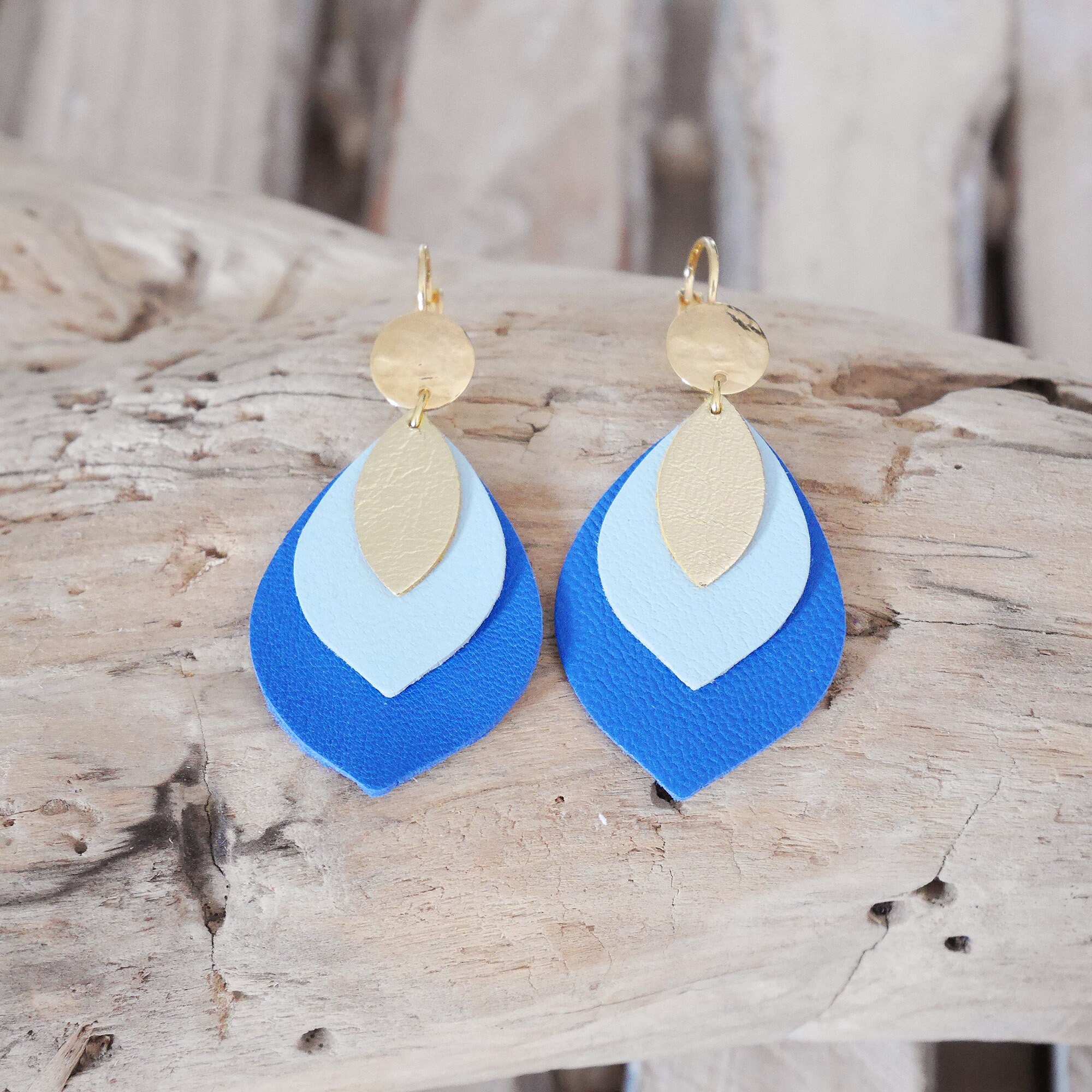 Blue leather earrings clearance