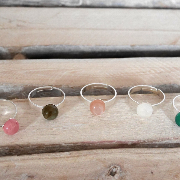 925 silver adjustable ring, round stone ring of labradorite, moonstone, sunstone, rhodonite or green agate, adjustable ring