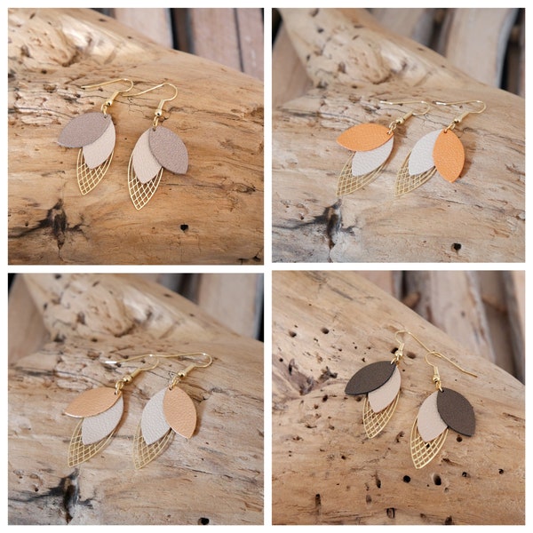 Pendientes hoja en cuero beige nacarado y oro rosa, topo, naranja o bronce. Rizos geométricos. regalo de navidad para mujer