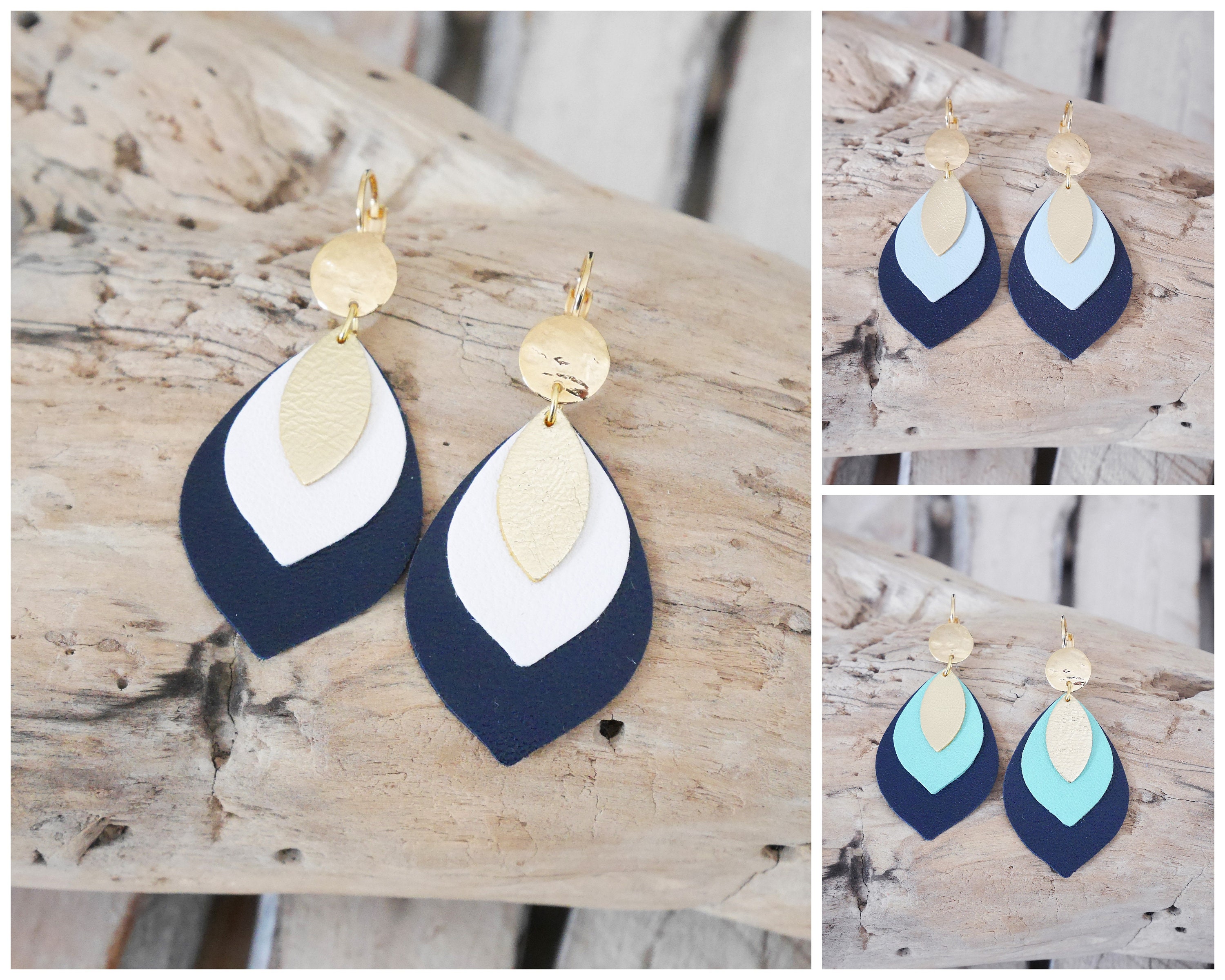 Leaf Earrings in Midnight Blue and White Mint Green or Sky Blue