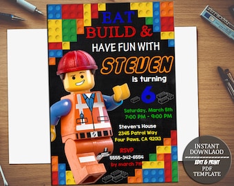 INSTANT DOWNLOAD-Lego Invitation, Lego Birthday Invitation, Lego Party, Lego Birthday Party, Boy Lego Invitation, Boy Lego Editable PDF