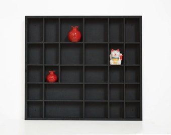Black wooden display, 28 compartments spice rack, knick knack collection keepsake case, shelf, shadow box, organizer, children room