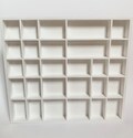 white wooden display, 28 compartments spice rack, knick knack collection keepsake case, shelf, shadow box, organizer, children room