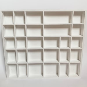 wit houten display, 28 compartimenten kruidenrek, knick knack collectie souvenirdoosje, plank, schaduwdoos, organizer, kinderkamer