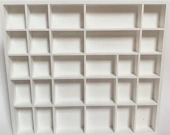 white wooden display, 28 compartments spice rack, knick knack collection keepsake case, shelf, shadow box, organizer, children room