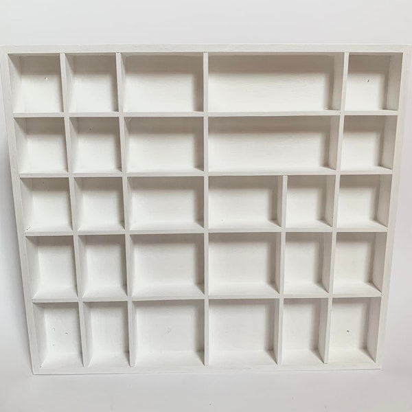 white wooden display, 28 compartments spice rack, knick knack collection keepsake case, shelf, shadow box, organizer, children room