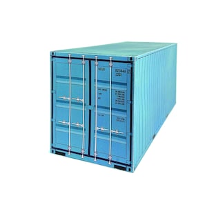 Puede incluir: Un modelo de contenedor de carga azul claro con paneles corrugados verticales y puertas dobles con barras de cierre. El panel frontal muestra el texto ACUU 820446 22G1 junto con especificaciones técnicas de peso y capacidad en kilogramos y metros cúbicos.