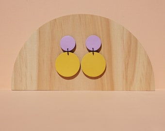 Lilac and Yellow Leather Circle Dangle Earrings