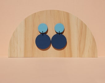 Light Blue and Dark Blue Leather Circle Dangle Earrings