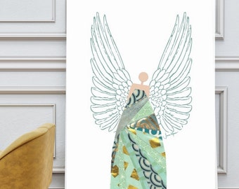 Lámina artística de ángel en verde salvia, obra de arte cristiana minimalista (descarga digital)