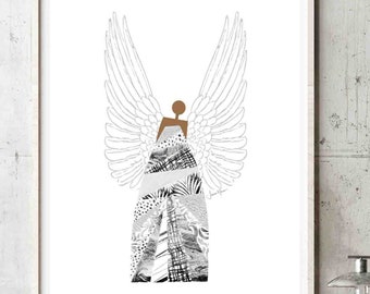 Silver Christmas Angel Art Print, Modern Christian Wall Art (Digital Download)