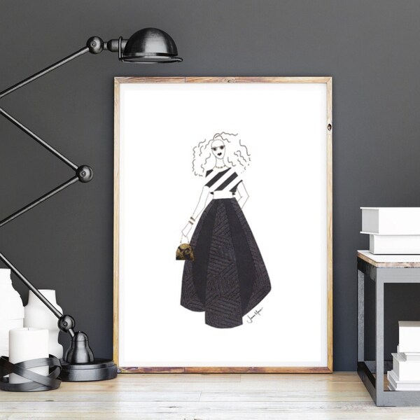 Fashion wall art, art drawing fashion girl, Black & White room décor, Apartment décor, African American Art, Active, Trendy wall art