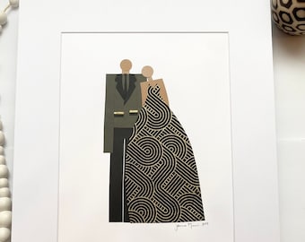 Minimalist Couple Portrait Paper Art – Anniversary Gift for Wife, Wedding or Engagement Art