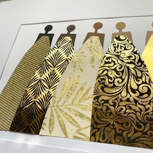 May include: A framed art print featuring five figures in a row, each wearing a different gold patterned dress. The dresses are made of various textures and patterns, including stripes, leaves, and swirls.