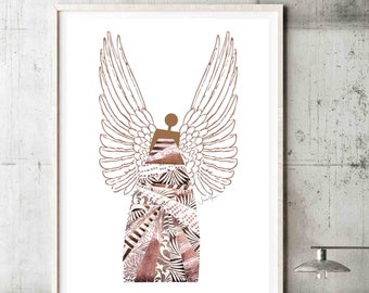 Lámina artística de ángel en oro rosa, decoración moderna cristiana para pared (descarga digital)