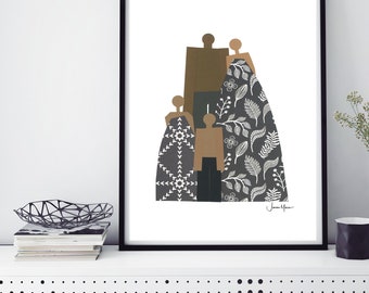 Wedding Gift, Minimalist Family Portrait, Family 4, Black Family, African American Portrait, Printable, Ethnic artwork, people of color,