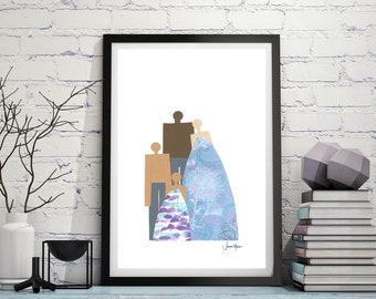 Printable Family Portrait, Minimalist people, Biracial Family, Multicultural Kids, Multiracial, Diversity, Inclusion, People art, Blended