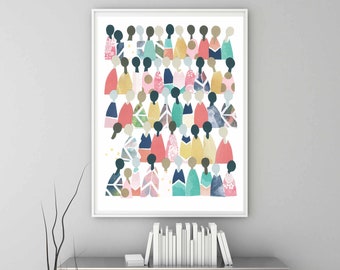 Printable Art, People Art, Modern Painting, Wall Decor, Minimalist people, Unity, People of Color,  Rainbow people, African American