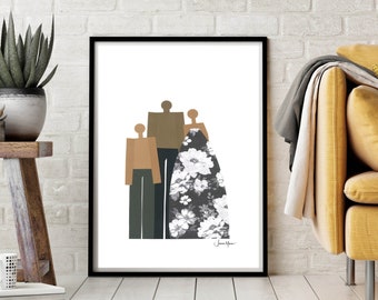 Family of 3, African American Art, printable art, Black business, minimalist portrait, minimalist people, Black art, Inclusion, Diversity