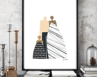 Interracial family, Biracial family Portrait, Family of 3,Multicultural art, Minimalist Portrait, people art, printable, affordable art,