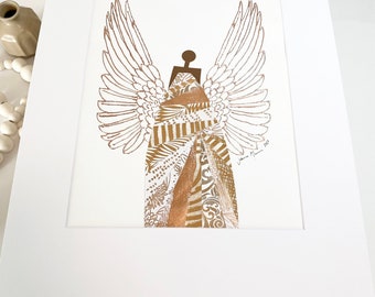 Original Metallic Rose Gold Angel, Black Religious art, African American art original, Biblical art, art Deco Angel, Spiritual wall art