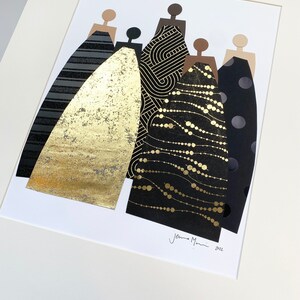 May include: Five abstract figures in a row, each with a different patterned dress in black and gold. The figures are cut out and layered on a white background. The artist's signature, "Jenna Mani", and the year "2022" are in the bottom right corner.