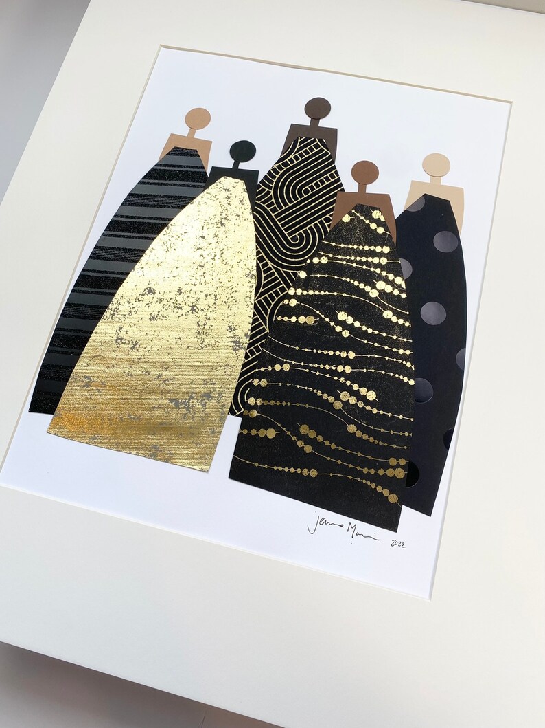 May include: Five abstract figures in a row, each with a different patterned dress in black and gold. The figures are cut out and layered on a white background. The artist's signature, "Jenna Mani", and the year "2022" are in the bottom right corner.