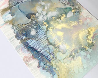Original Abstract Alcohol Ink Painting, Coastal Contemporary Wall Art, Luxe Blue Green Statement Artwork