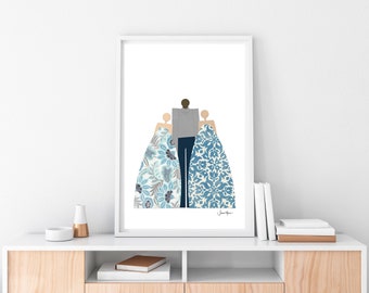 Sentimental Gift, Biracial family Portrait, Multicultural art, Minimalist Portrait, people art, printable, African American Artist