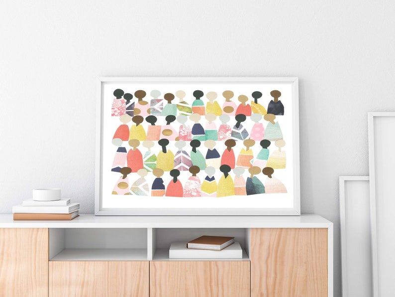 May include: A framed print of a colorful abstract art piece featuring a group of people represented by geometric shapes in various shades of pink, yellow, blue, green, and brown.