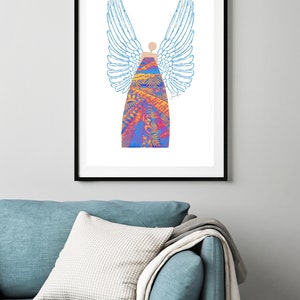 May include: A digital illustration of an angel with blue wings and a colourful patterned dress. The angel is standing with its wings spread out.