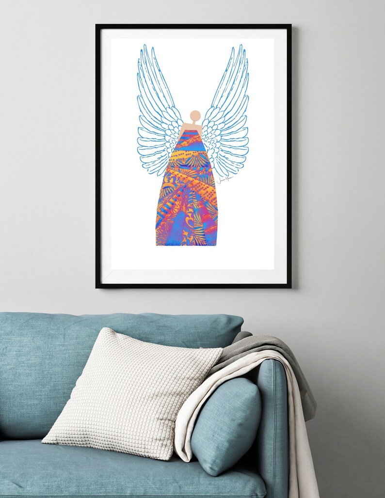May include: A digital illustration of an angel with blue wings and a colourful patterned dress. The angel is standing with its wings spread out.