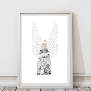 May include: A black and white illustration of an angel with wings. The angel is wearing a dress made of abstract patterns.