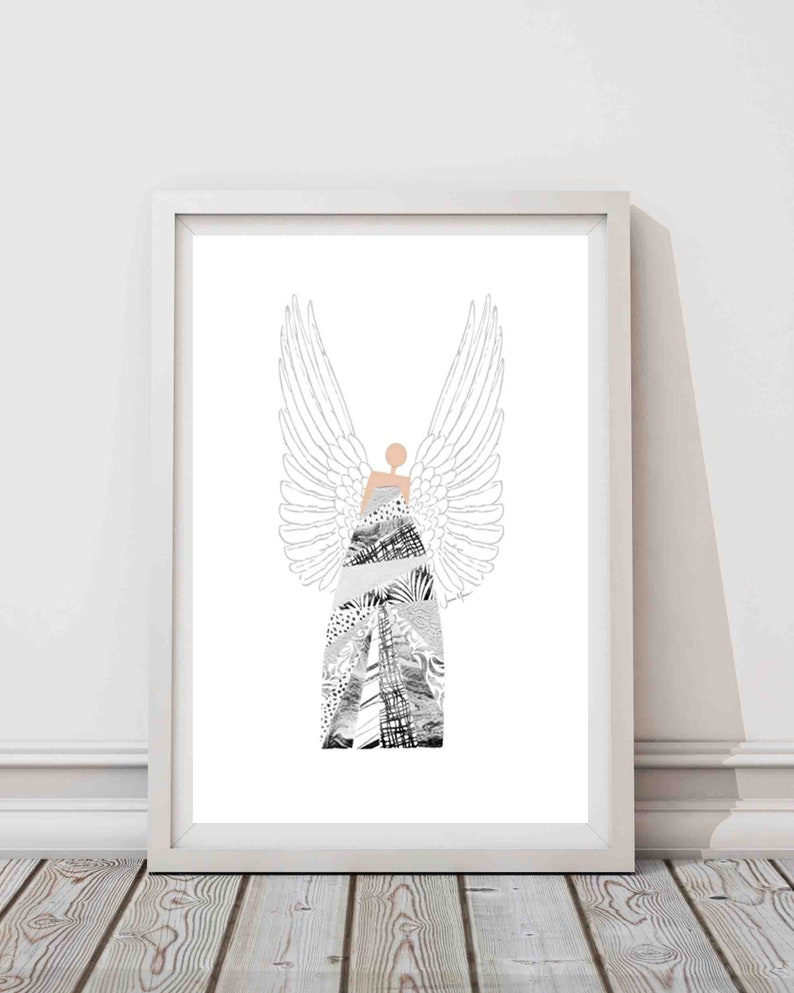 May include: A black and white illustration of an angel with wings. The angel is wearing a dress made of abstract patterns.