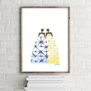 May include: A framed print of a minimalist illustration of two figures wearing patterned dresses. The dress on the left is blue with a white geometric pattern, and the dress on the right is yellow with a gold geometric pattern.
