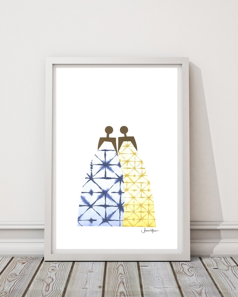 May include: A watercolor painting of two figures wearing patterned dresses. The dress on the left is blue with a white geometric pattern, and the dress on the right is yellow with a gold geometric pattern. The painting is signed "Jane Moore".