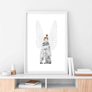 Puede incluir: Una ilustraci&oacute;n en blanco y negro de un &aacute;ngel con alas. El &aacute;ngel est&aacute; hecho de una variedad de patrones y texturas. La cabeza del &aacute;ngel es un c&iacute;rculo marr&oacute;n.