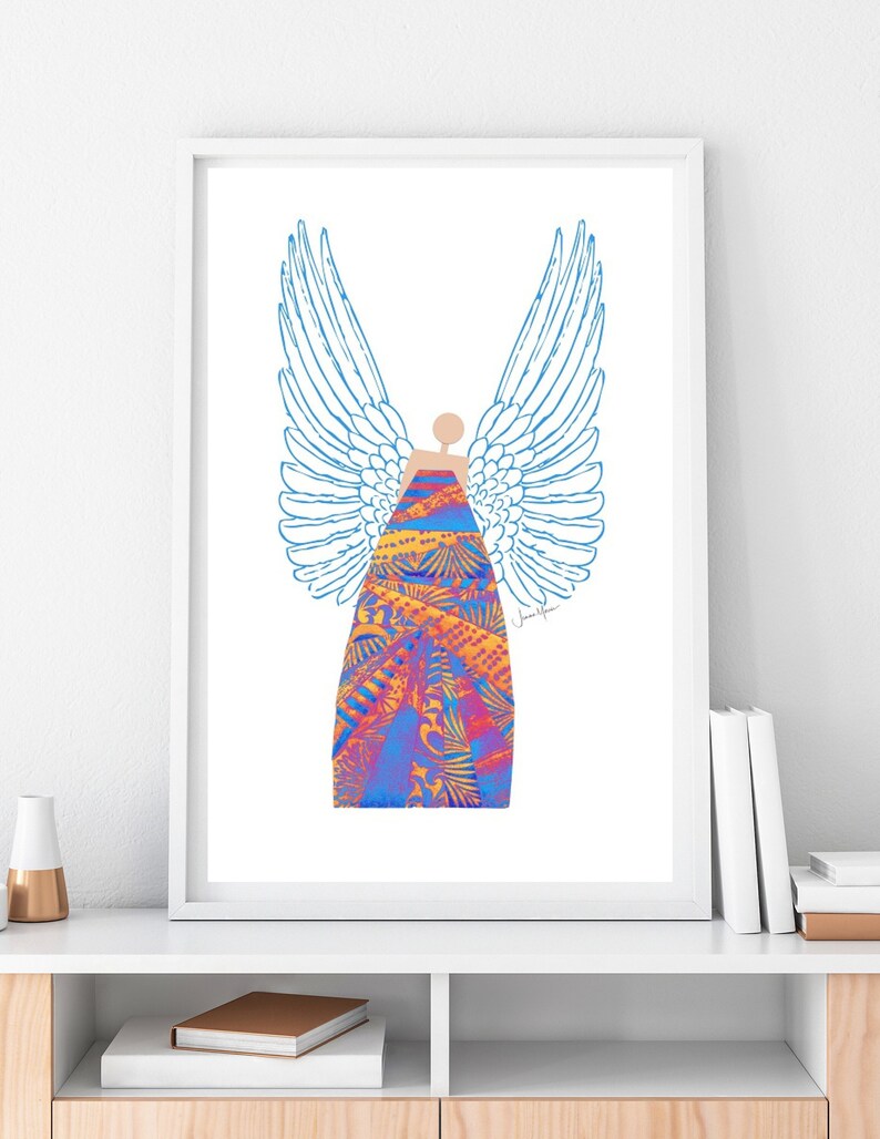 May include: A digital illustration of an angel with blue wings and a colourful patterned dress. The angel is standing on a white background.