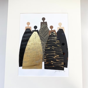 May include: An abstract art print featuring five figures in black, gold, and brown. The figures are arranged in a semi-circle, with the central figure in the middle. The print is signed "Jenna Mann 2022".