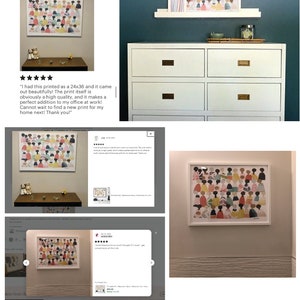 May include: A colorful printable art print featuring a crowd of people in various shades of pink, yellow, green, and blue. The print is framed and displayed on a white wall.