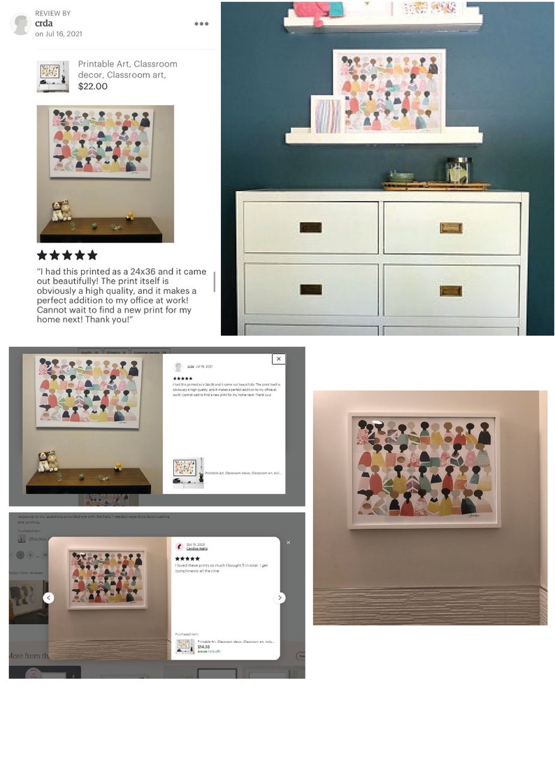 May include: A colorful printable art print featuring a crowd of people in various shades of pink, yellow, green, and blue. The print is framed and displayed on a white wall.