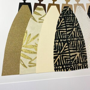 K&ouml;nnte beinhalten: Eine Collage aus sechs Frauen in einer Reihe, jede mit einem anderen gemusterten Kleid. Die Kleider sind in Gold-, Schwarz- und Wei&szlig;t&ouml;nen gehalten.