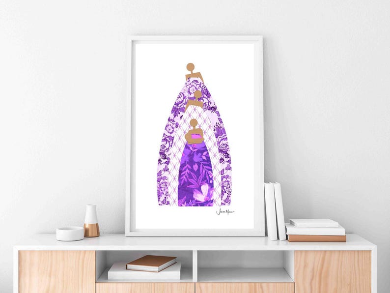 May include: A digital illustration of three figures in purple dresses with floral patterns. The figures are arranged in a triangular shape, with the largest figure at the top and the smallest figure at the bottom. The background is white.
