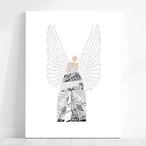 May include: A black and white illustration of an angel with wings. The angel is wearing a dress made of different patterns and textures.